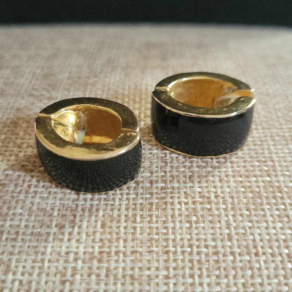 Gold Tone Black Enamel Small Huggie Magnatic Hoop Earrings